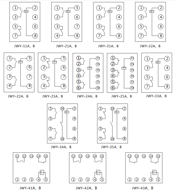 JWY-43B無(wú)輔助源電壓繼電器內(nèi)部接線(xiàn)及外引接線(xiàn)圖（正視圖）