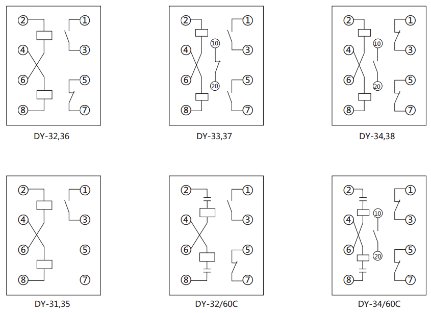 DY-32電壓繼電器內(nèi)部接線(xiàn)圖及外引接線(xiàn)圖(背視圖)