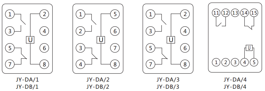 JY-DA/3集成電路直流電壓繼電器內部接線圖及外引接線圖（正視圖）