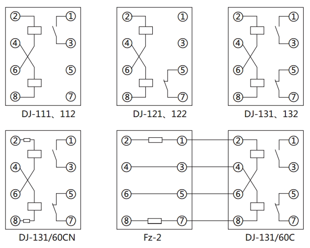 DJ-111電壓繼電器內(nèi)部接線及外引接線圖（正視圖）