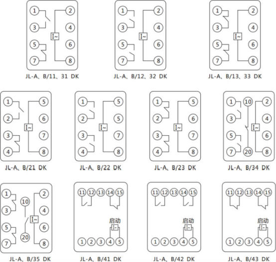JL-A、B/11 DK無輔源電流繼電器內(nèi)部接線及外引端子圖（正視圖）