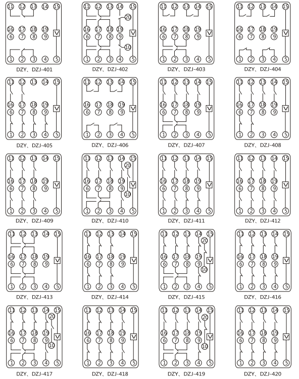 DZY（J)-420導(dǎo)軌式中間繼電器內(nèi)部端子外引接線(xiàn)圖(正視)
