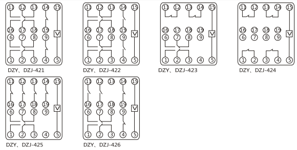 DZY（J)-420導(dǎo)軌式中間繼電器內(nèi)部端子外引接線(xiàn)圖(正視)