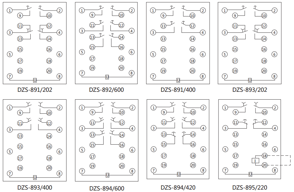 DZS-892延時(shí)中間繼電器內(nèi)部接線圖及外引接線圖（背視）