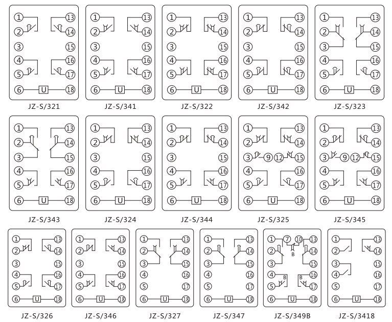 JZ-S/349B靜態(tài)可調(diào)延時中間繼電器內(nèi)部接線圖及外引接線圖