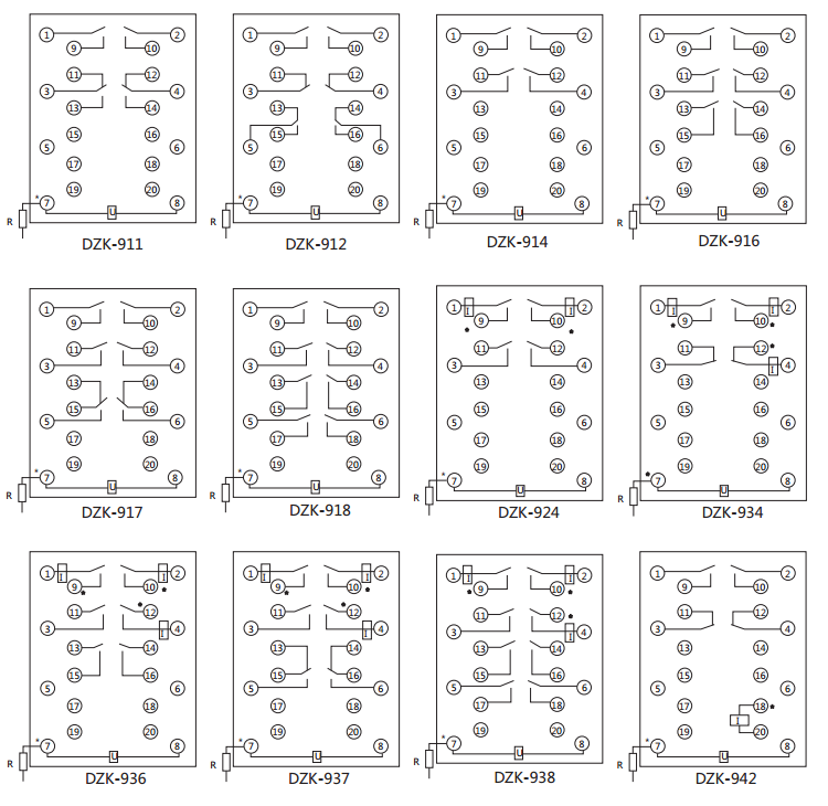 DZK-938快速中間繼電器內(nèi)線接線及外引接線圖(正視圖)