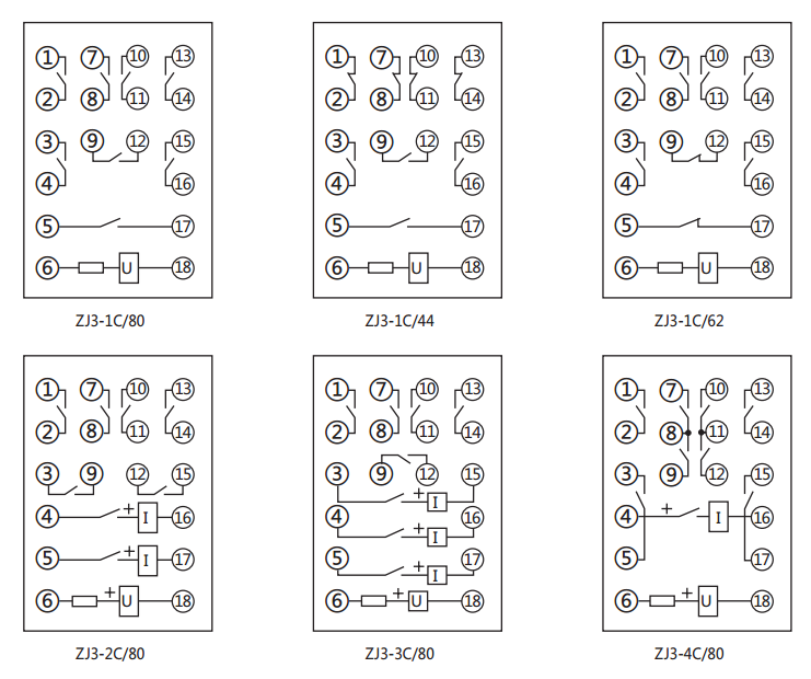 ZJ3-4C/80快速中間繼電器內部接線圖及外引接線圖(正視圖)